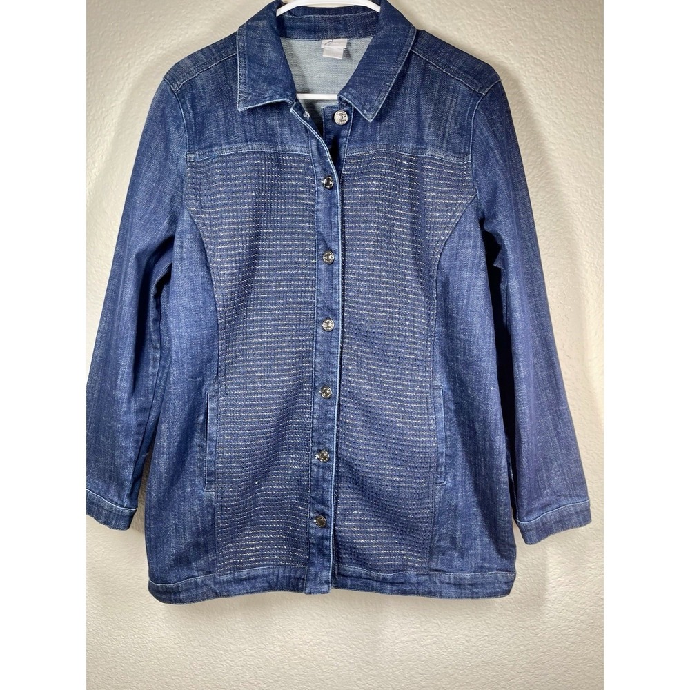 Chicos Size 2 Womens Denim Barn Coat Metallic Thread Dark Wash Buttons Lined